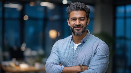 Fototapeta premium Confident Indian Entrepreneur in a Modern Workspace Empowered by Light