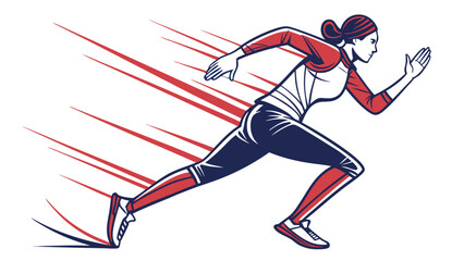 Fototapeta premium A woman in a red and blue outfit is running with speed lines behind her in a dynamic illustration style