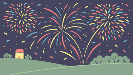 Illustration of a night scene with fireworks over a house and landscape celebration background design