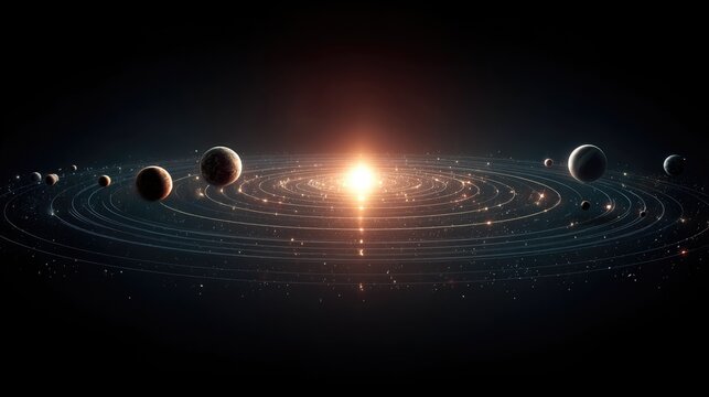 Solar System with Glowing Sun and Planets