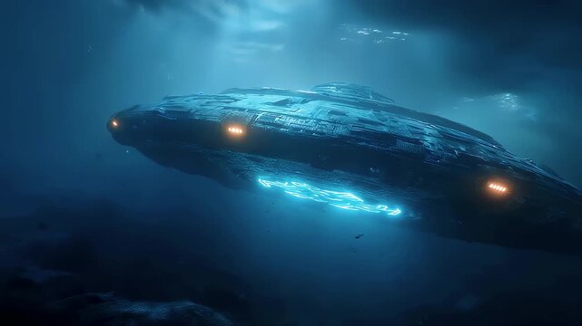 Underwater ufo glides through deep blue abyss, faint lights ripple along hull as underwater ufo hum echoes across silent sea, mystery invites gaze toward underwater ufo secrets. Concept alien discover