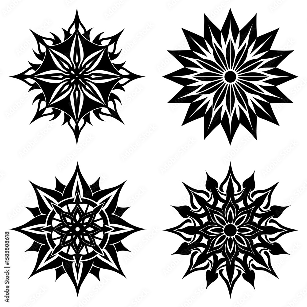 Poster four black and white floral designs arranged in a square format with intricate petal patterns and sh
