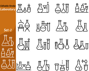 A laboratory icon set includes vector illustrations of scientific tools and symbols such as test tubes, flasks, microscopes, petri dishes, chemical reactions, safety goggles, and lab equipment.