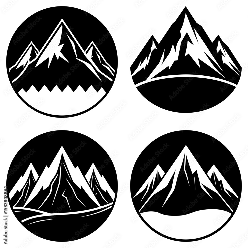 Poster four circular mountain range icons with jagged peaks and snow caps in black and white vector format 