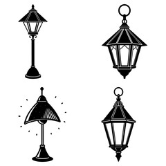 Illustration of four different types of lamps including street and hanging lanterns design element