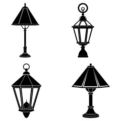 Illustration displaying a collection of four different styles of outdoor lamps in black and white silhouettes