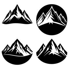 Collection of four mountain range illustrations in black and white with varied shapes and backgrounds