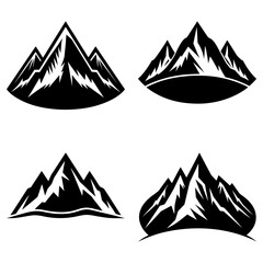 Four mountain range illustrations with jagged peaks and snowy details in black and white vector format