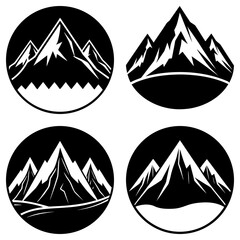 Four circular mountain range icons with jagged peaks and snow caps in black and white vector format design
