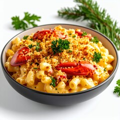 Decadent lobster macaroni and cheese garnished, gourmet dish presentation on white background