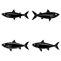 Four stylized fish swimming in different directions with simple black and white design elements present