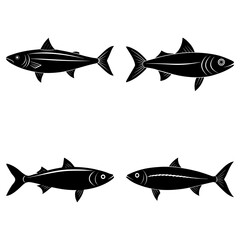 Illustration of four black fish swimming in different directions on a white background in a simple style
