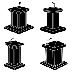 Four podiums with microphones in black and white for speeches and presentations on a white background