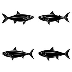Four stylized black fish swimming in different directions on a white background artfully arranged