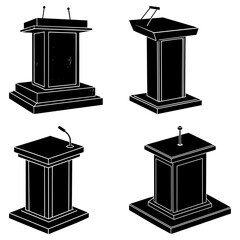 Four black and white podiums with varying designs and microphone setups are displayed in a grid pattern