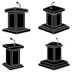 Four black podiums with microphones in a symmetrical arrangement on a white background in vector format