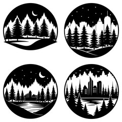 Four circular designs depicting nature scenes with trees mountains cityscapes and celestial elements at night