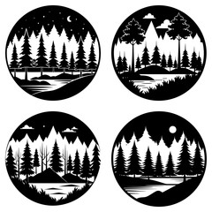 Four circular designs showcasing nature scenes with trees, mountains, and water in black and white style