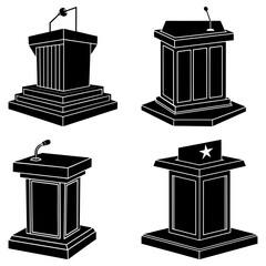 Collection of four black and white podiums with microphones and a star symbol illustration