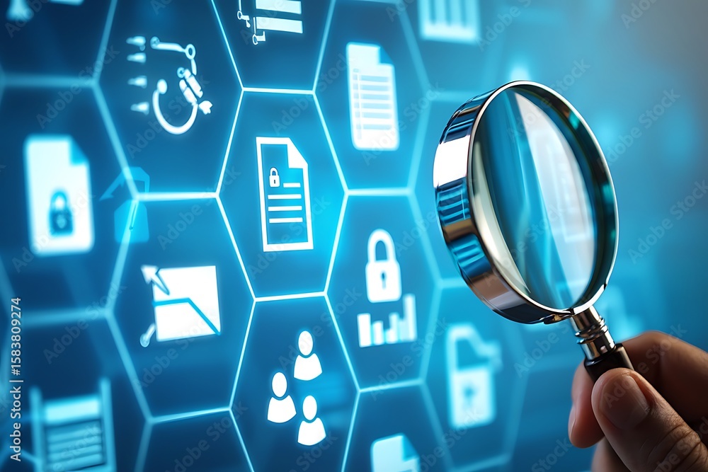 Poster a magnifying glass is held up to a background of data security icons, representing the importance of