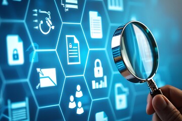A magnifying glass is held up to a background of data security icons, representing the importance of information privacy and cybersecurity in the digital age