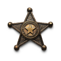 Vintage Brass Sheriff Badge with Star Design on a Transparent Background