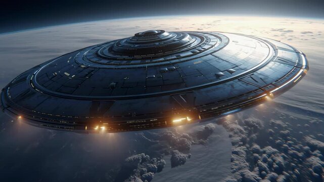 Flying saucer hovers above Earth horizon, engine lights circle flying saucer rim as high clouds slide beneath swift flying saucer glide. Concept cosmic exploration