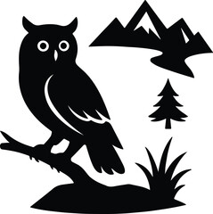 Silhouette owl perched on branch with mountain backdrop Vector Illustrator