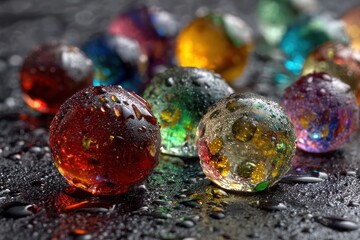 Colorful glass marbles glistening with water droplets on a dark surface in a vibrant display of light and texture