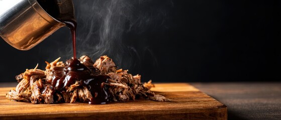The barbecue sauce drizzled over tender pulled meat on a wooden board.