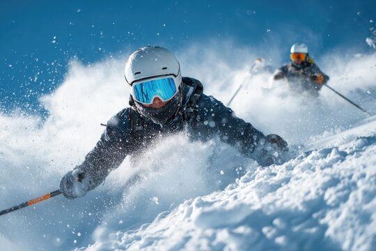 Young male skier conquers powdery slopes on a bright day while friends navigate behind, showcasing skills and enjoyment of winter sports at a mountain resort