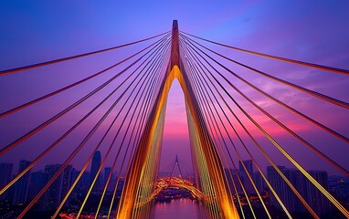 Obraz premium Rama VIII Bridge at Dusk: Golden Cables Against a Violet Sky in Bangkok