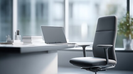 Fototapeta premium Modern Minimalist Office Scene with Laptop on Sleek Desk Promoting Productivity and Focus in a Stylish Workspace