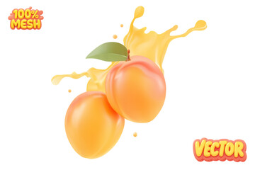 Vector apricot with juice splash isolated on white background.