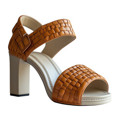 Elegant woven leather sandal with block heel on transparent background