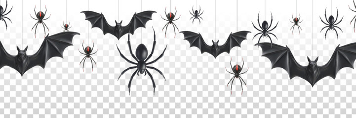 Vector realistic isolated border for Halloween with bats and spiders. Concept of Happy Halloween holiday.
