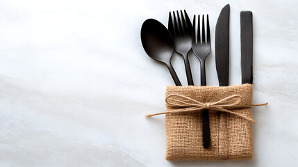 Black Matte Cutlery Set Rustic Burlap Wrapper Flatlay Marble Background Minimalist Table Setting Elegant Dinnerware Spoons Forks Knives