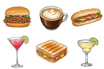 Set of Pulled Pork Sandwich, Cosmopolitan Cocktail, Coffee, Grilled Cheese, Philly Cheesesteak, and Margarita Cocktail in sketch style, isolated on transparent background