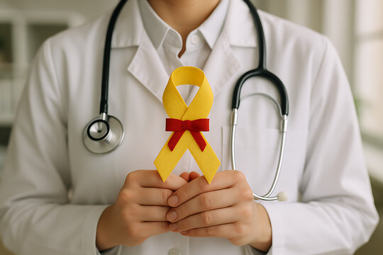 World hepatitis day support concept with doctor holding yellow and red ribbon to raise awareness and fight liver disease through medical care
