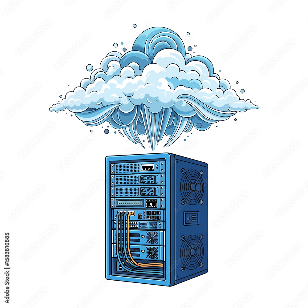 Poster stylized illustration of a server rack receiving data from a dynamic, wave-like cloud.