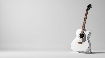 White acoustic guitar on a stand against a plain white background