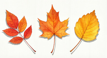 Fototapeta premium Three autumn leaves in red, orange, and yellow, hand-painted texture, soft shadows, simple arrangement on clean white background, minimal natural seasonal theme
