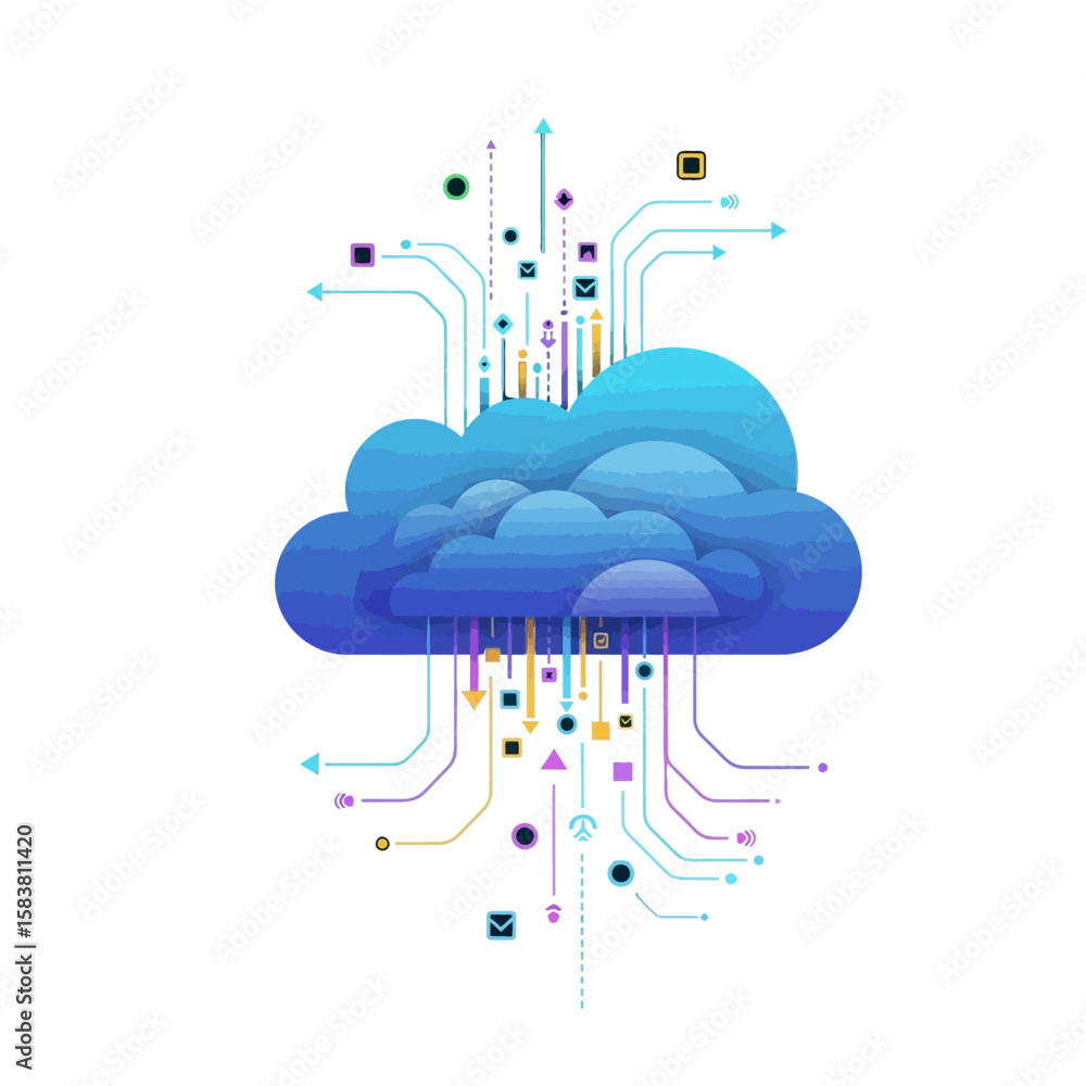 Poster digital cloud computing concept with data streams flowing to and from the cloud.