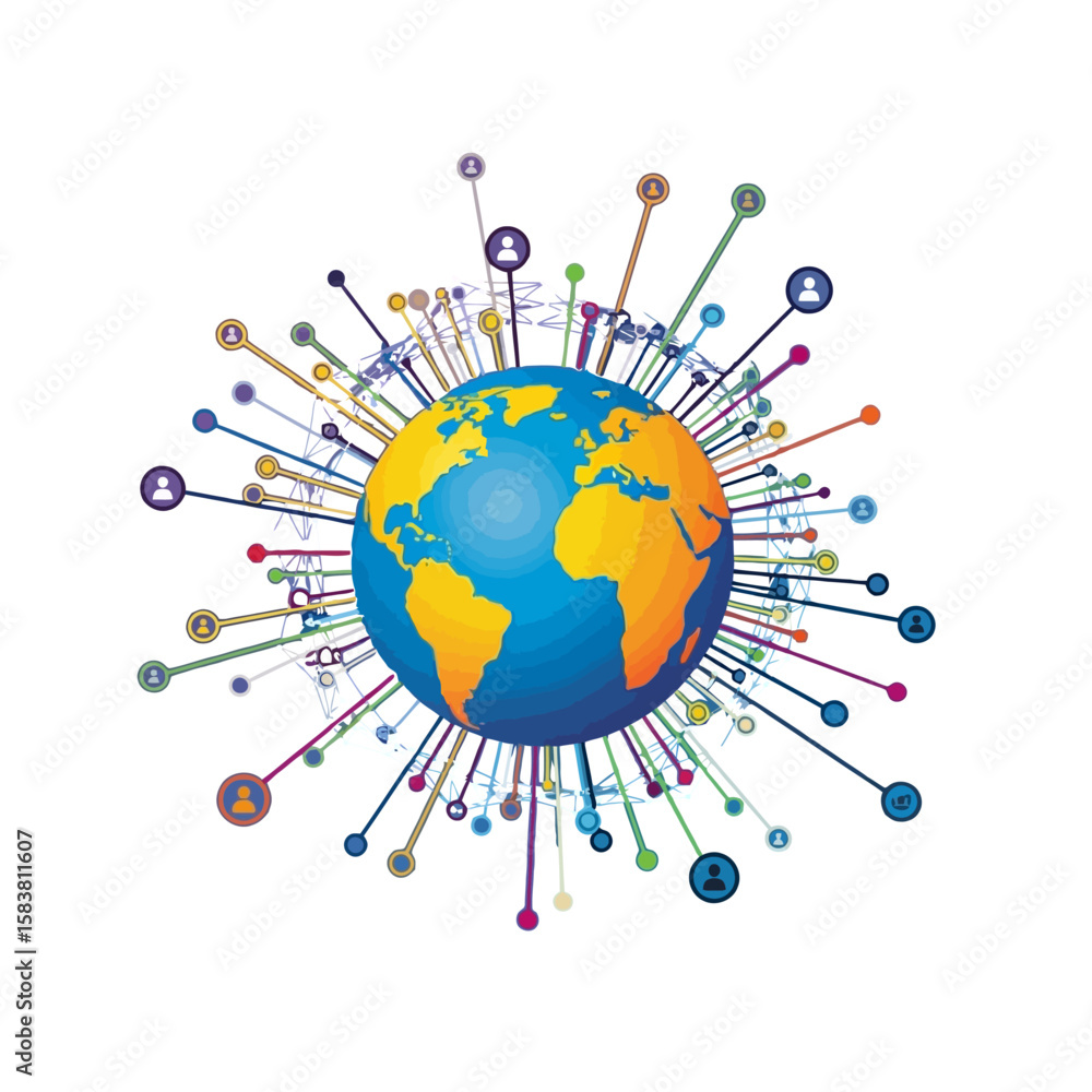 Poster a globe surrounded by lines connecting to various user profile icons, representing global connection