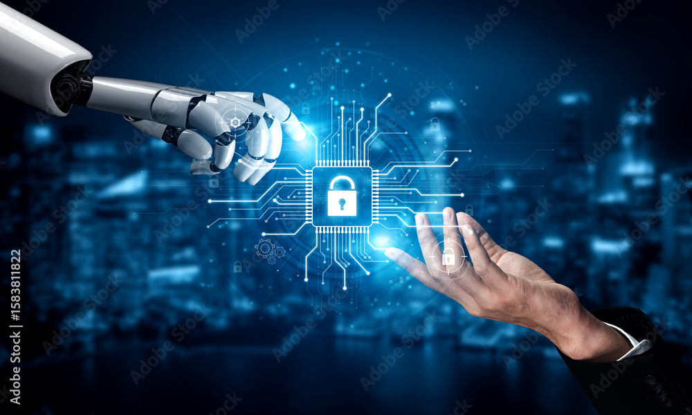 Poster ai safeguarding cyber security system, monitoring threats, analyzing attack patterns, and securing d
