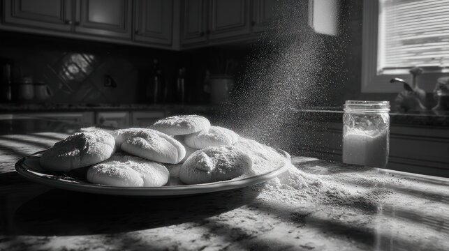 A grayscale kitchen scene with freshly baked goods