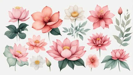 Collection of delicate pink and white lotus flowers and greenery on a white background