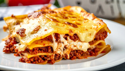 Italian lasagna with Bolognese sauce, creamy béchamel, and pasta sheets. Tasty dish. Delicious food.