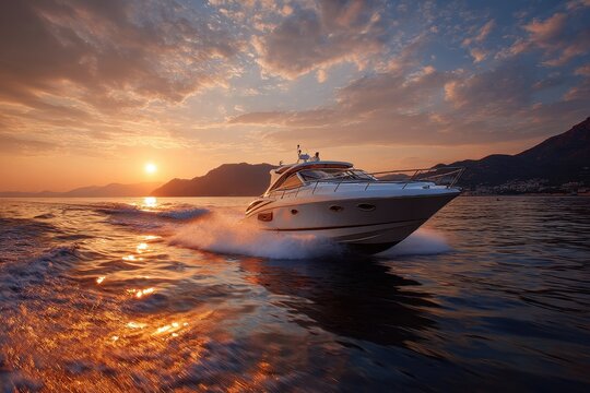 Luxurious speedboat cruising on calm waters during sunset with vibrant colors illuminating the sky and reflections on the water's surface
