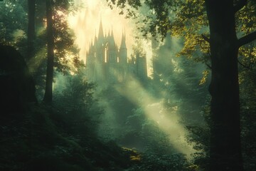Obraz premium Mysterious castle enveloped by mist and trees at dawn in a magical forest setting
